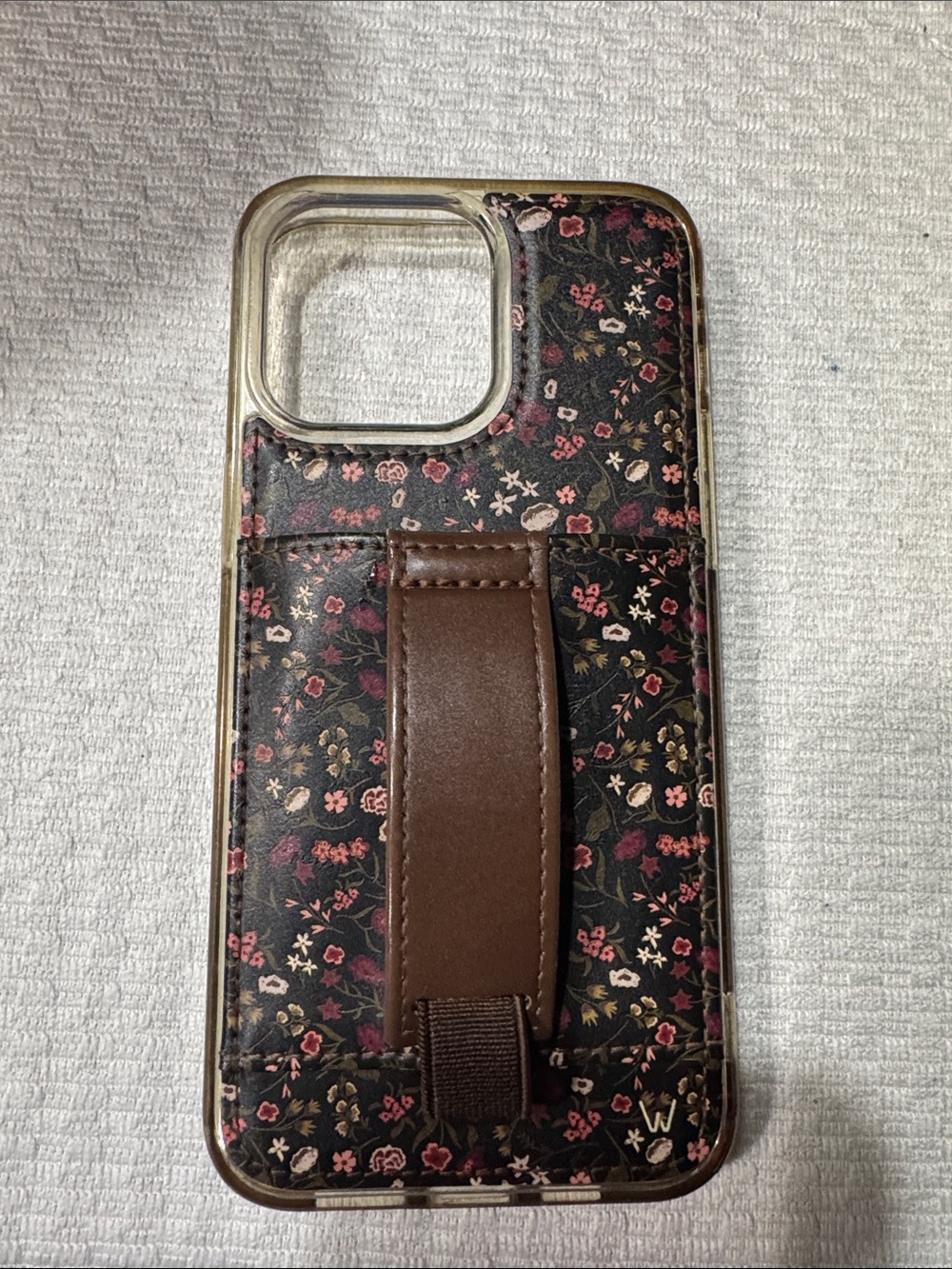 Walli Black Floral Phone Case with Brown Strap